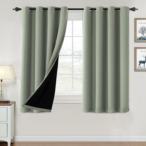 100% Blackout Curtains for Bedroom Thermal Insulated Blackout Curtains 54 Inch Length Heat and Full Light Blocking Curtains for Living Room with Black Liner 2 Panels Set, Light Sage